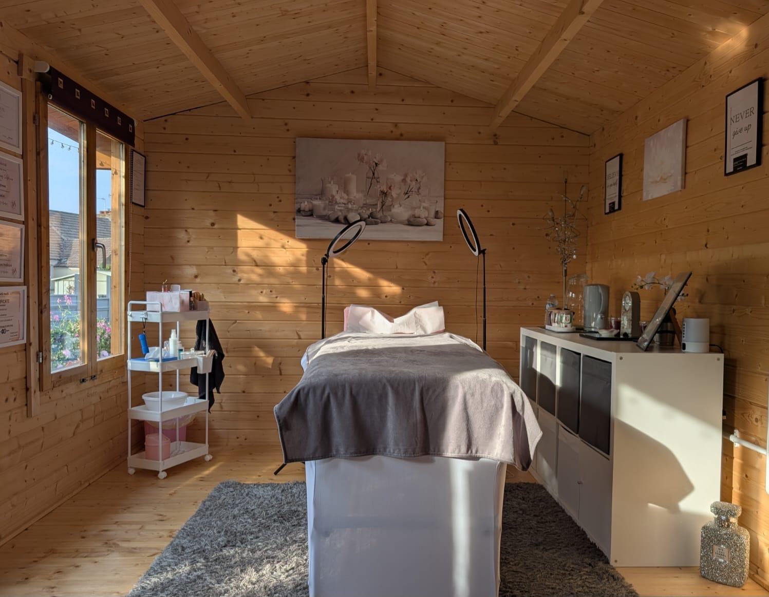 Treatment bed set up inside the L A Beauty Boutique cabin