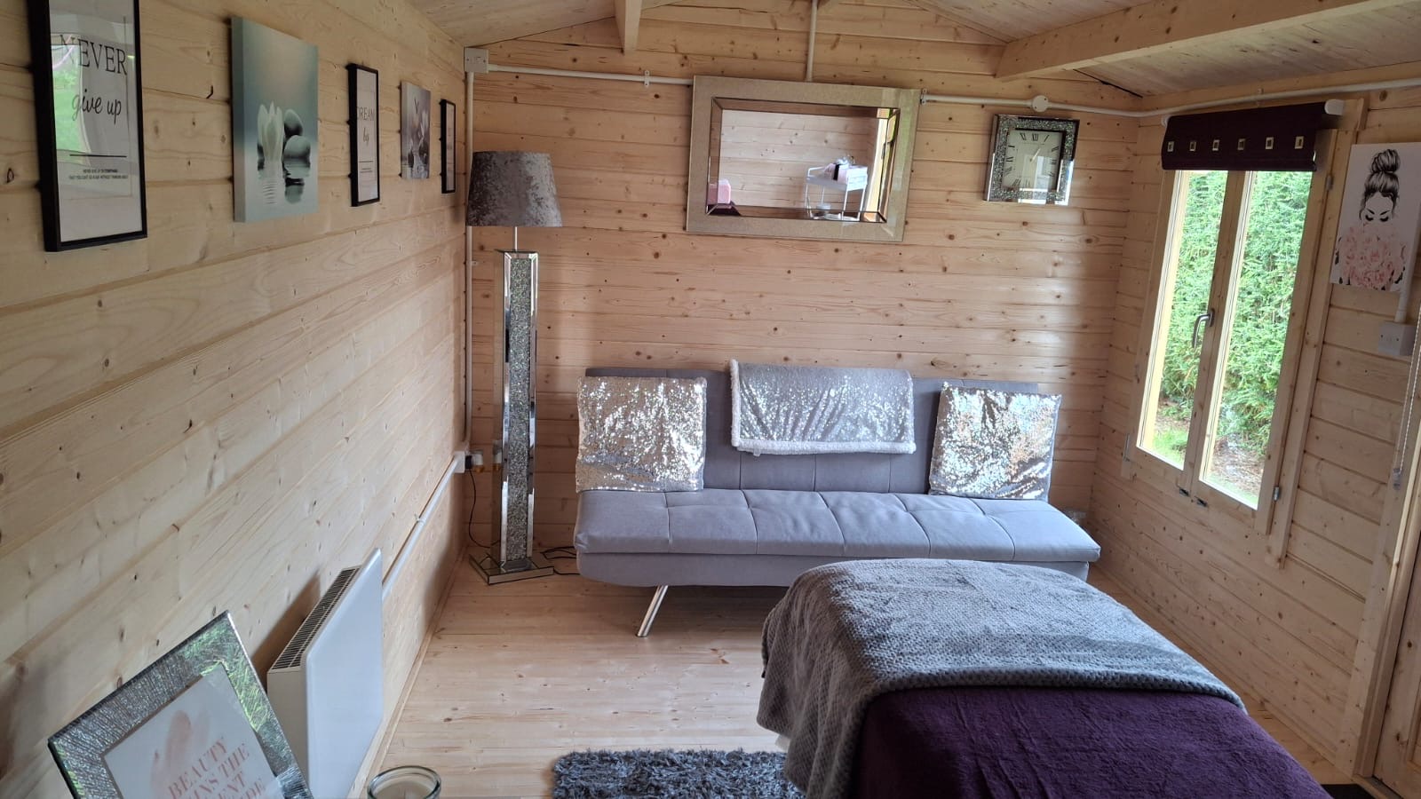 Relaxing lounge area inside the beauty cabin
